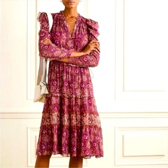 Ulla Johnson Alessandra Silk Long Sleeve Midi Dress in Maroon / Burgundy / Wine - Picture 1 of 11